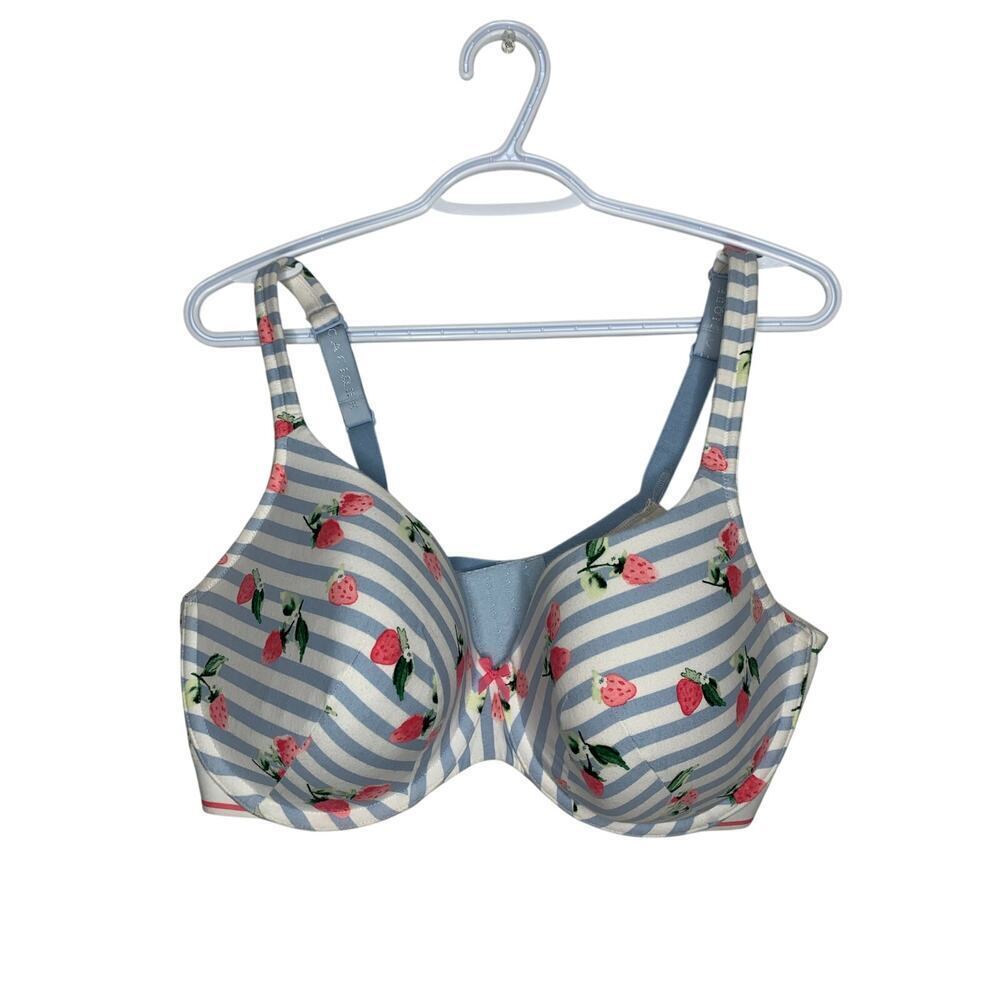 Cacique Lightly Lined T-Shirt Bra Blue Stripes Printed Strawberries